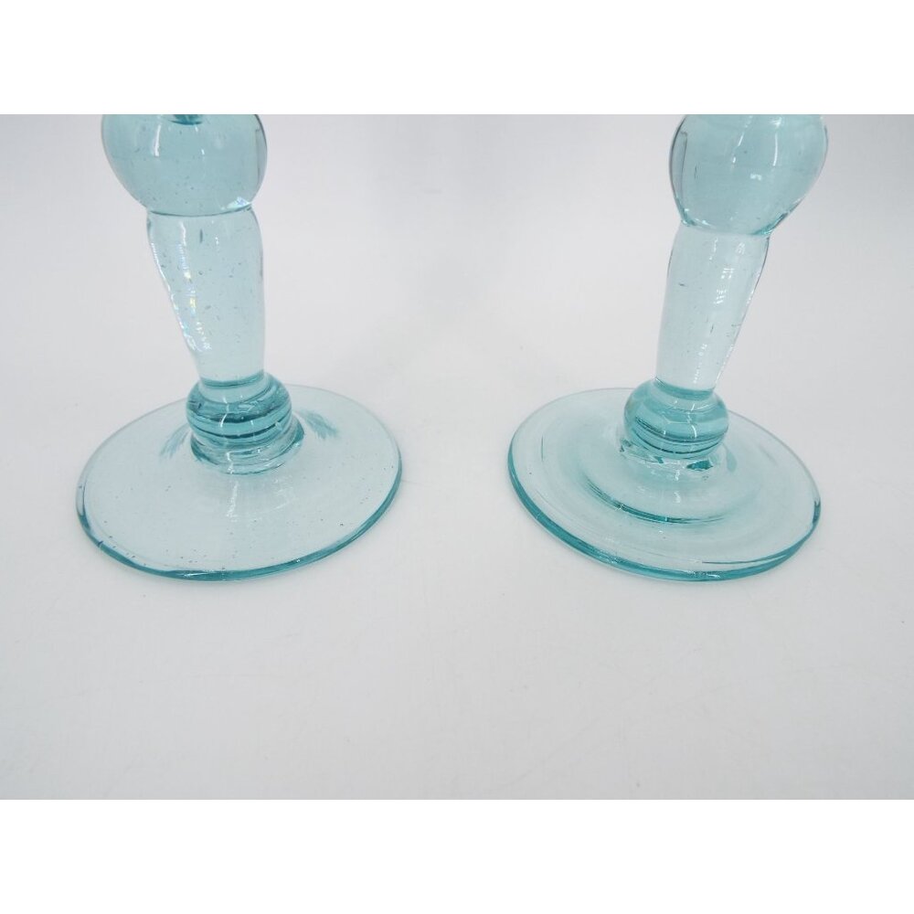 Pair of 7.25" Blown Glass Goblets Aqua Blue Green - Picture 4 of 6